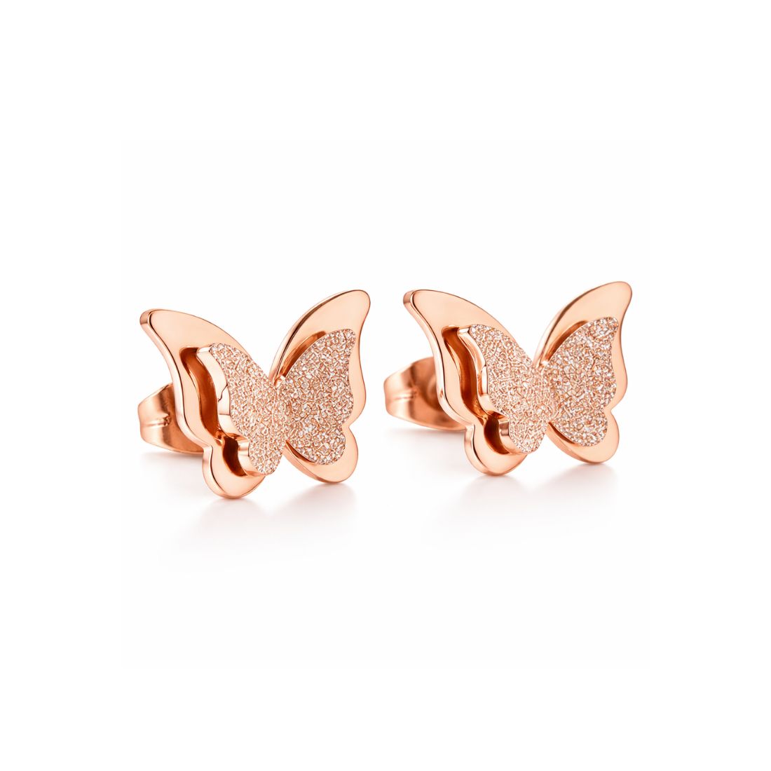 Premium Quality Dual Butterfly Rose Gold Plated Stud Earrings for Girls, Women and Kids