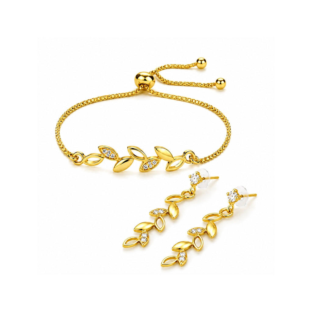 Gold Leaf Bracelet With Drop Earrings For Women