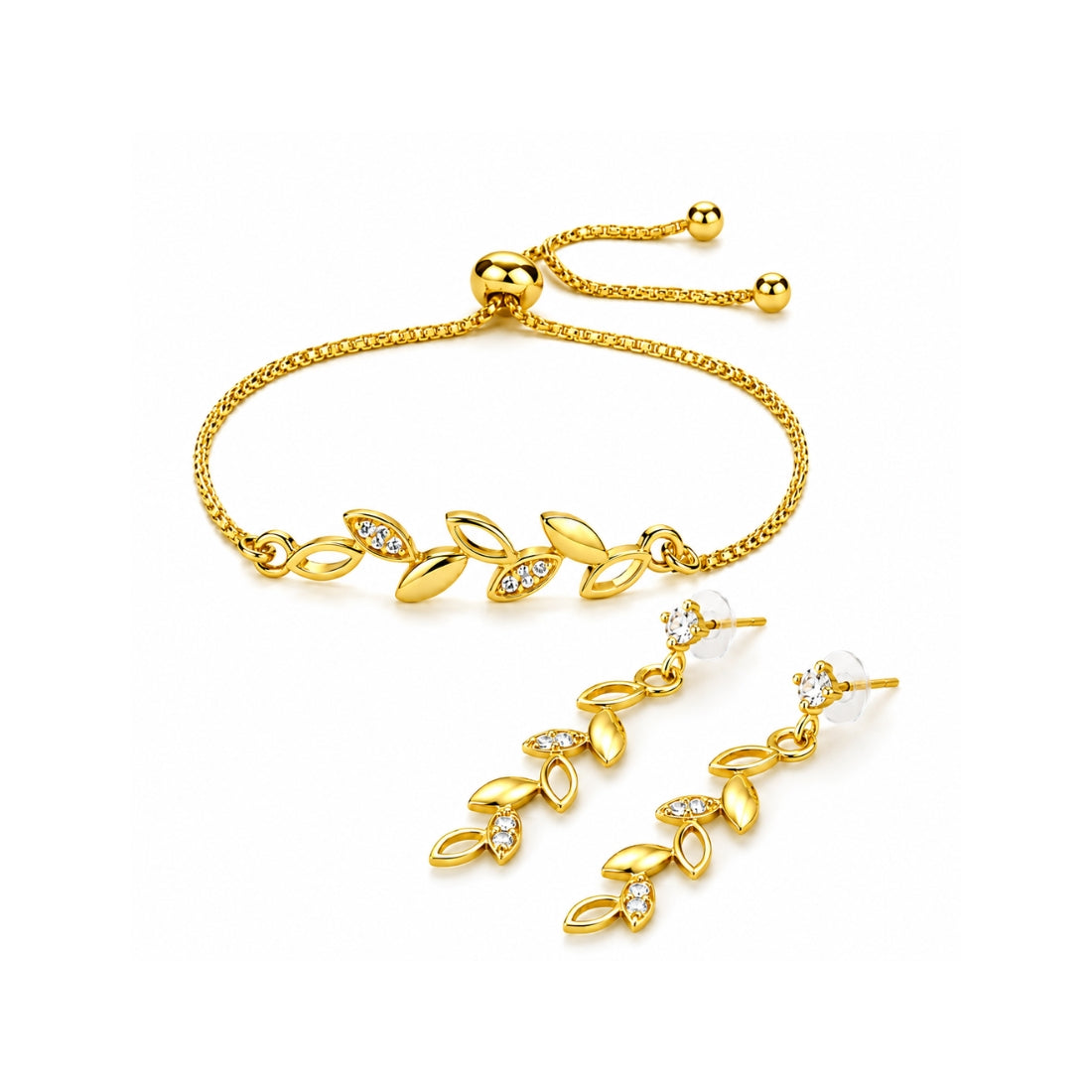 Gold Leaf Bracelet With Drop Earrings For Women