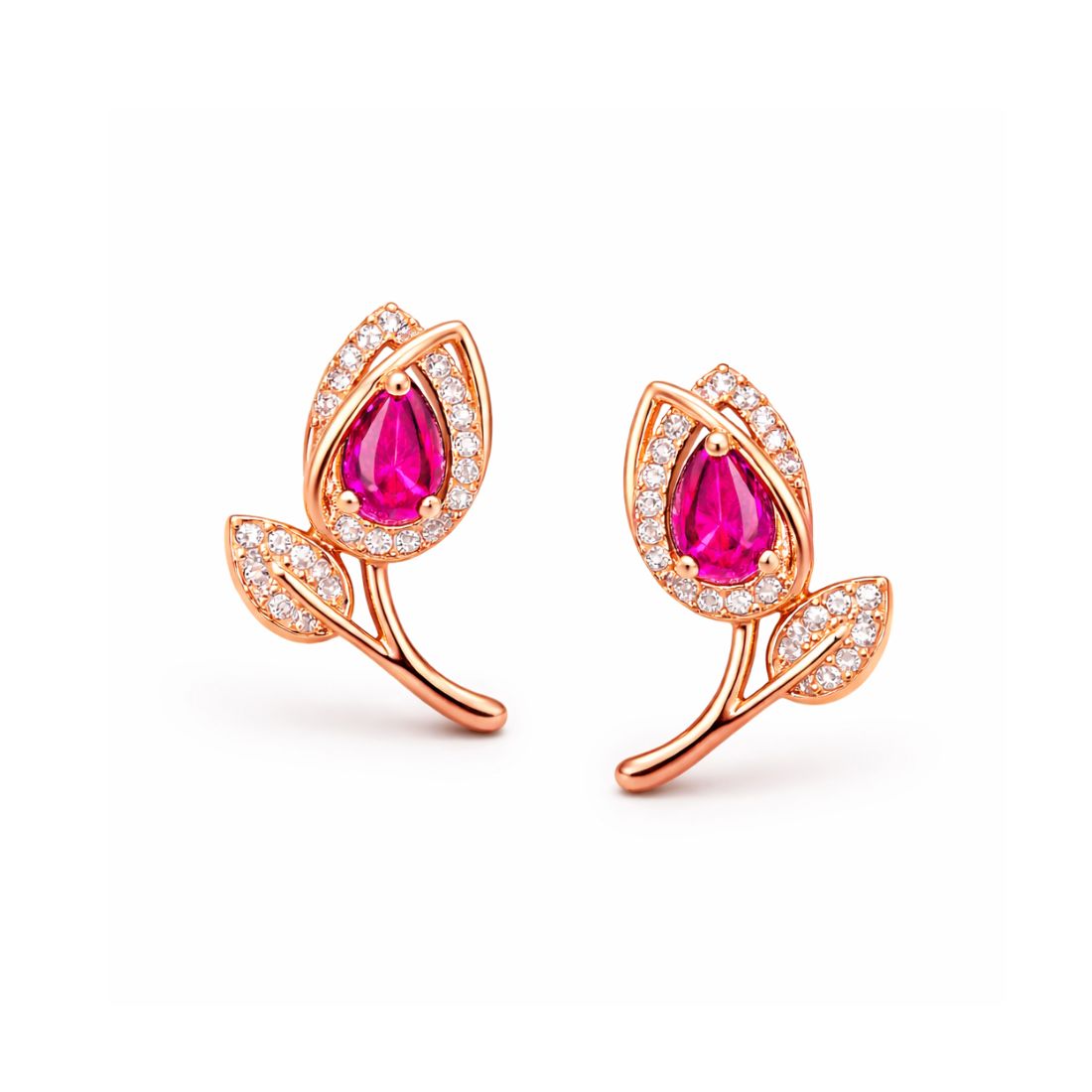 Rose Gold Floral Stud Earrings With Pink Stone