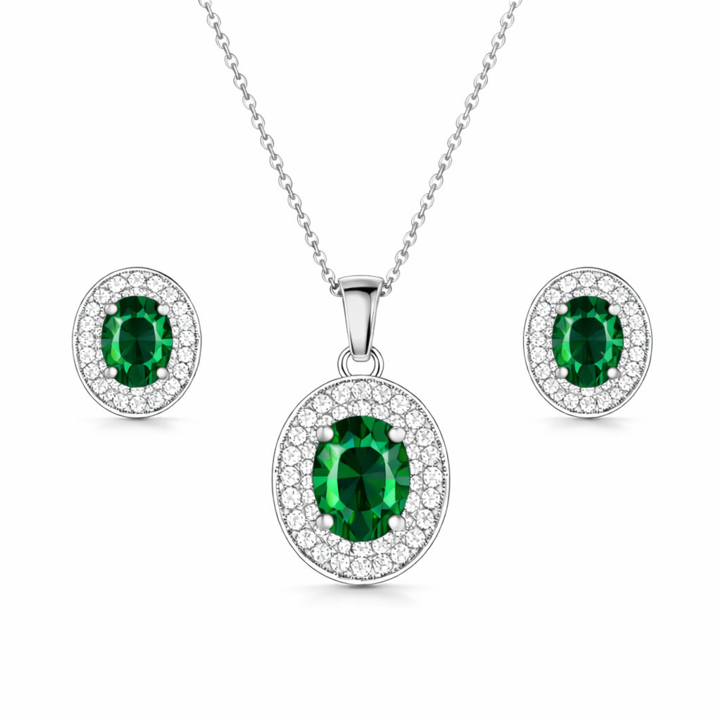 Silver Plated Green Stone Necklace Set