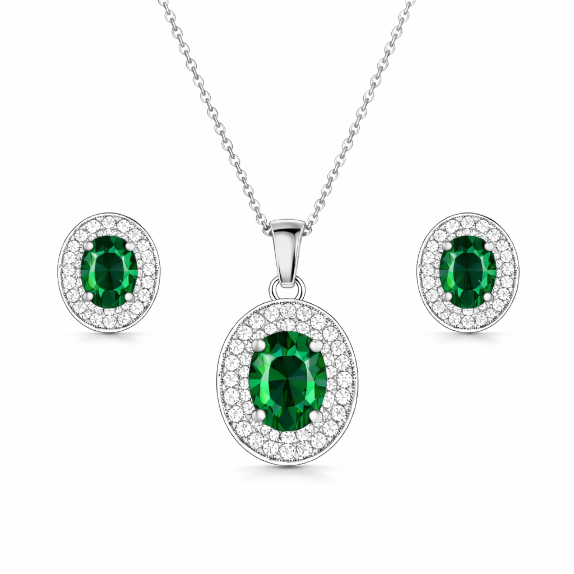 Silver Plated Green Stone Necklace Set
