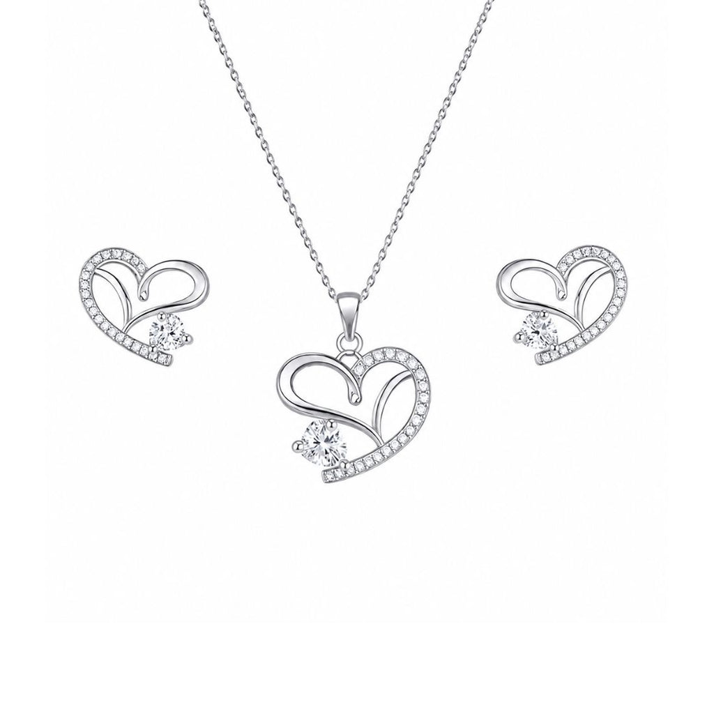 Silver Heart Necklace With Stud Earrings