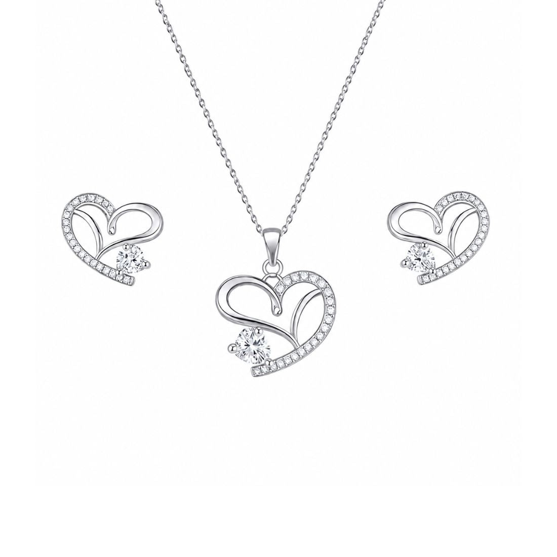 Silver Heart Necklace With Stud Earrings