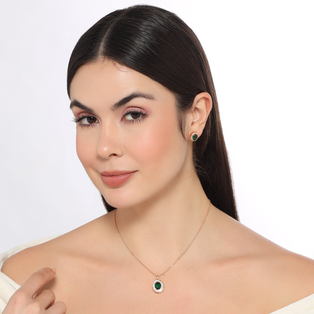 Rose Gold Green Oval Necklace Set for Women And Girls