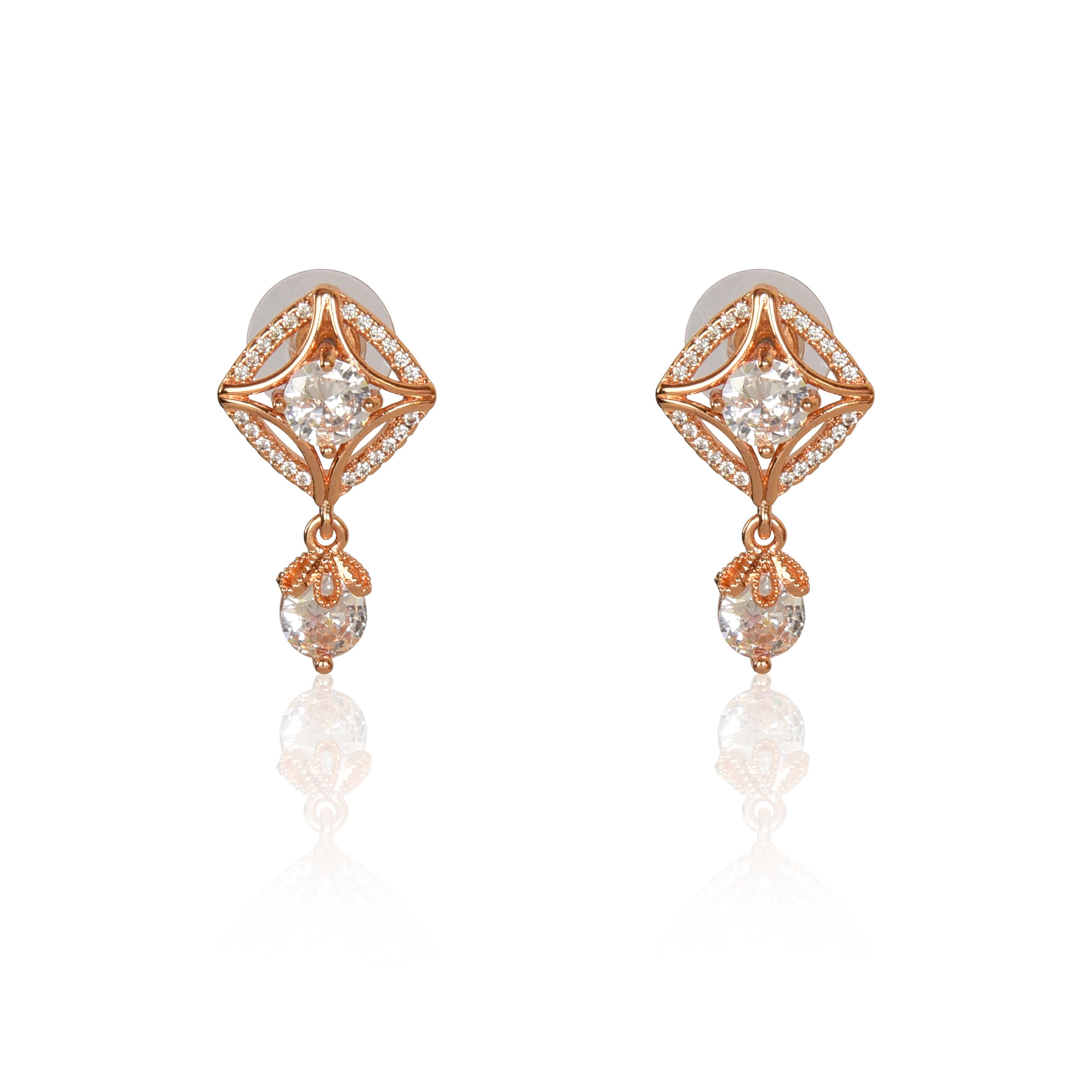 18k Rose Gold Plated American Diamond Stone Drop Earrings, Stylish Women & Girls Earrings