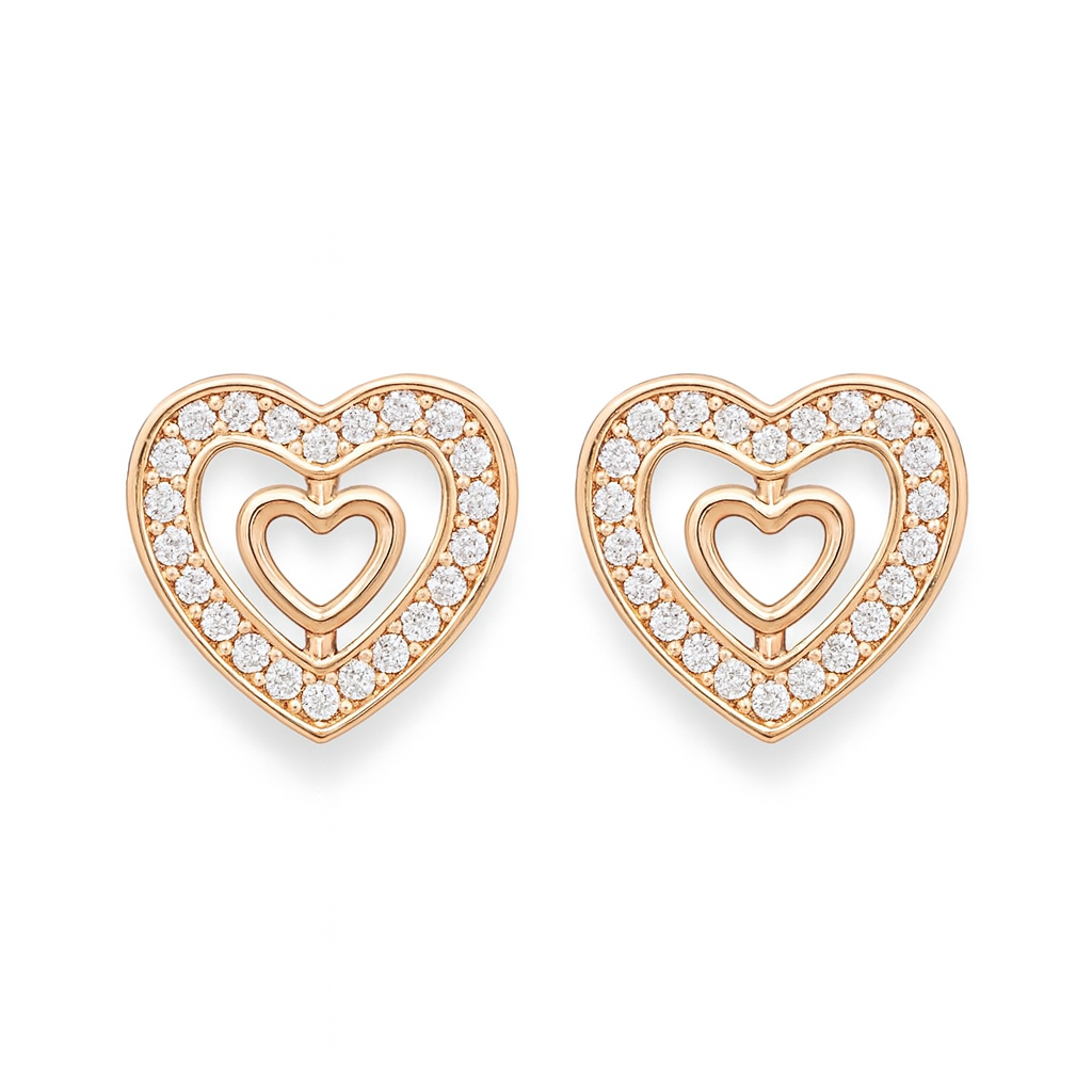 Nilu's Collection Rose Gold Plated Double Heart Stud Earrings with American Diamond For Women And Girls | Anti-Tranish | Anti-Allergy | Office Wear