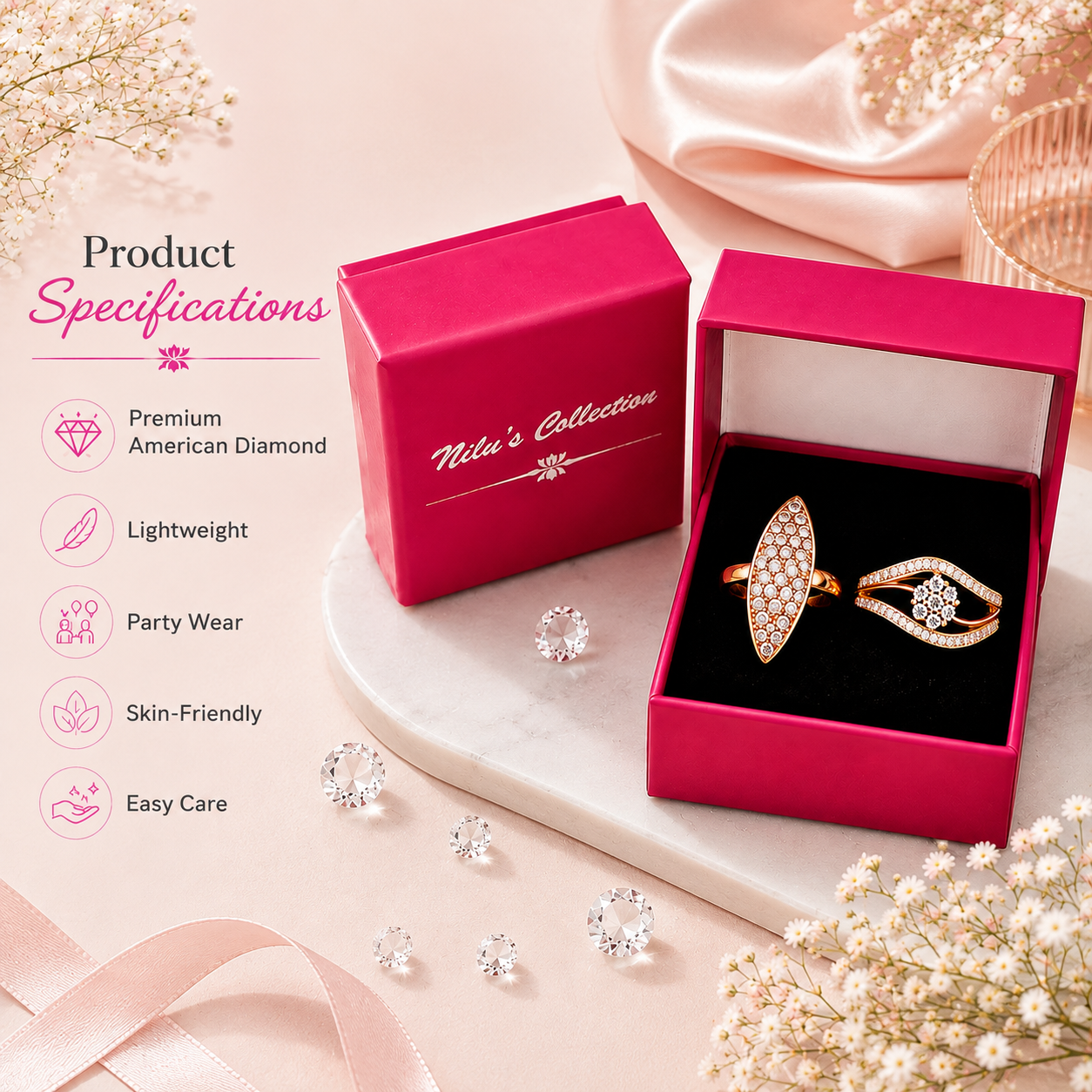 Ring Stacks Value Set | Adjustable Rose Gold Plated Rings With American Diamond  for Women & Girls