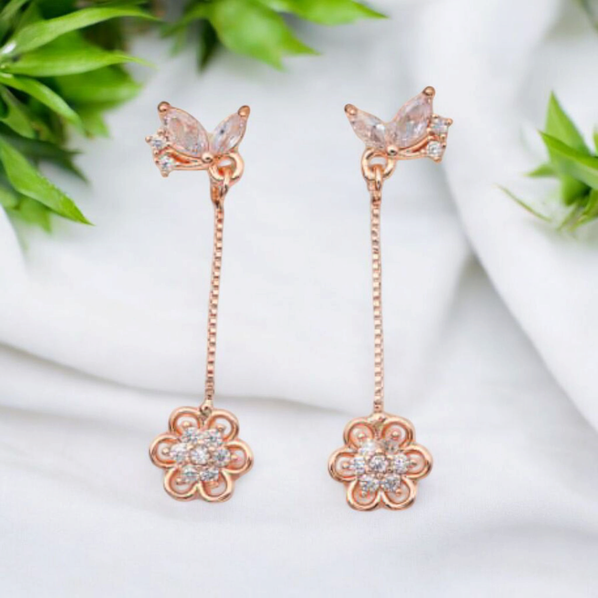 Elegant Rose Gold Floral Drop With American Diamond Earrings with Butterfly Studs For Girls And Women |Gifts For Girls | Marriage Gifts |
