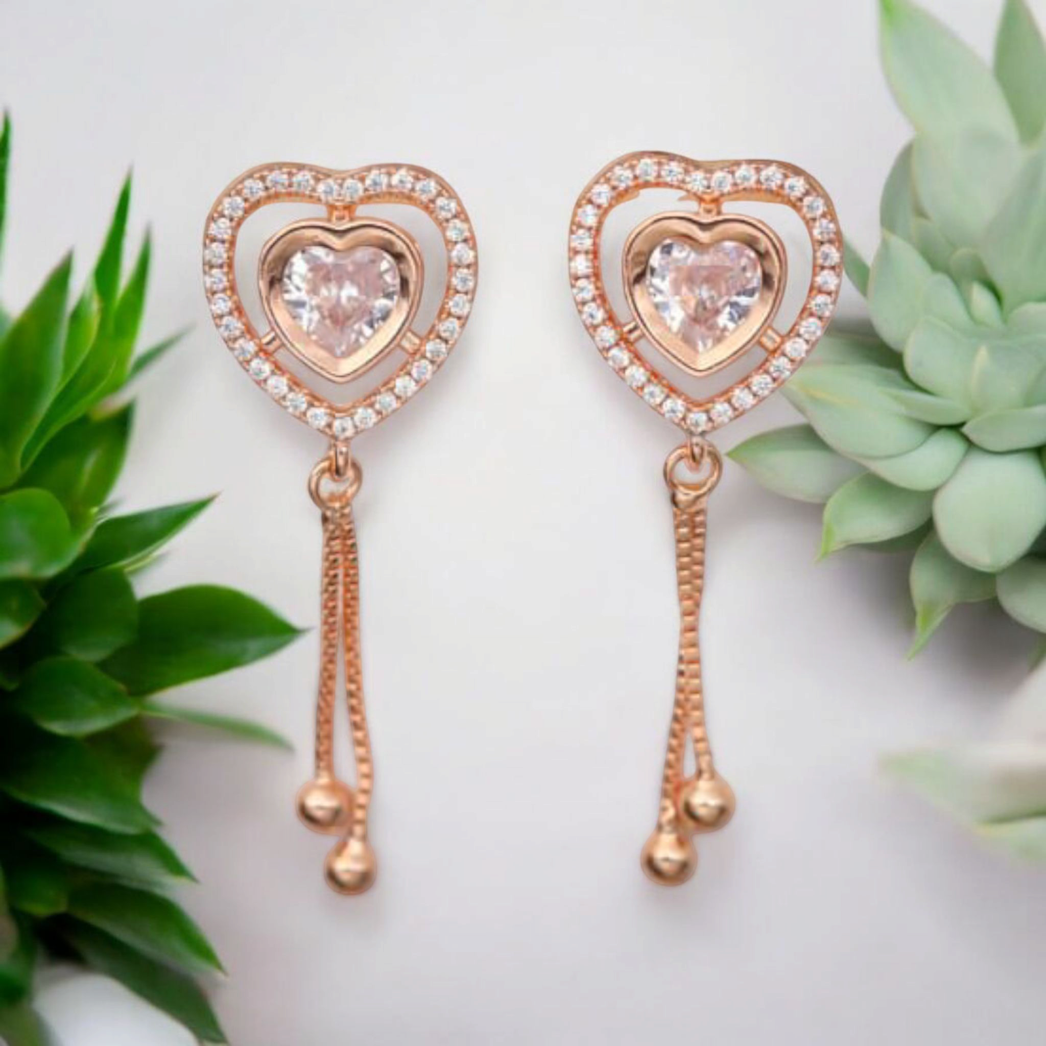 Rose Gold Plated Heart Drops Capture with American Diamond Earrings For Girls and Women | Gift For Girls |