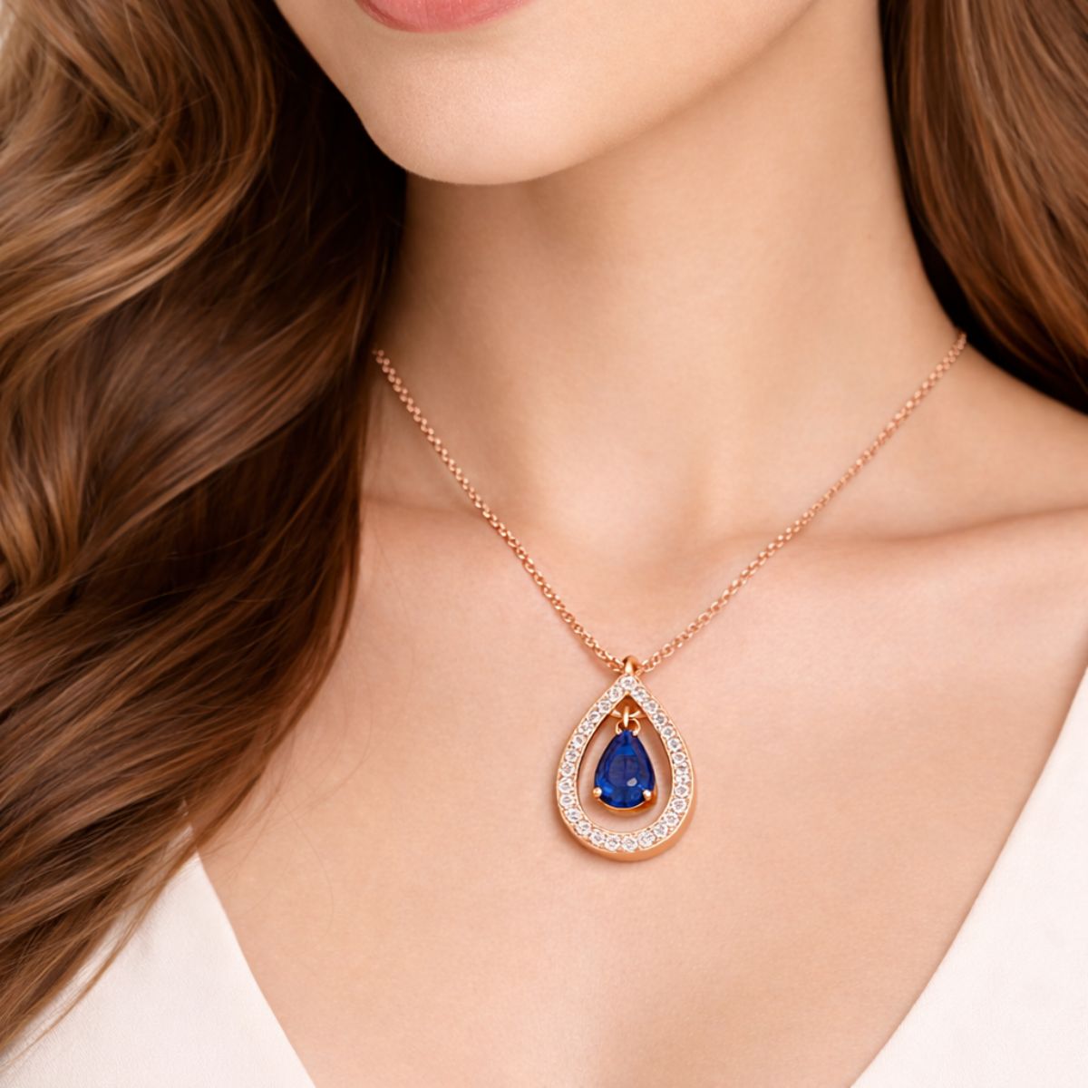 Nilu's Collection Rose Gold Plated Blue Stone Pendant Necklace with American Diamonds For Women And Girls | Anti-Tarnish |nAnti-Allergy|Office Wear| Gift For Her