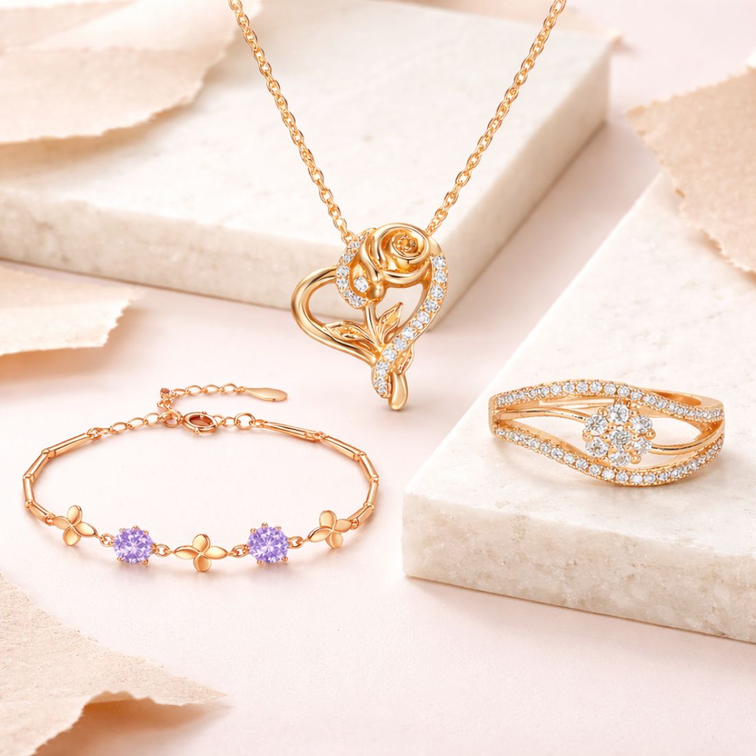 Nilu's Collection Rose Gold Plated Heart Rose Pendant With Bracelet And Ring For Women And Girls