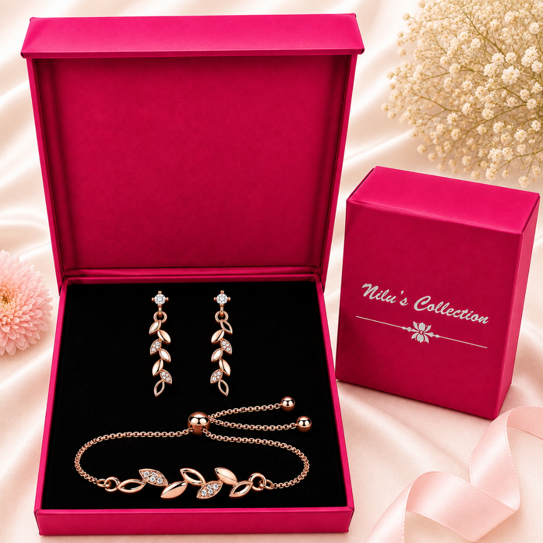 Rose Gold Leaf Bracelet With Drop Earrings For Women
