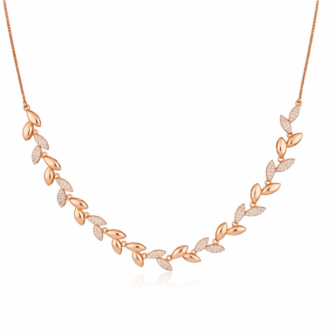 Nilu's Collection Rose Gold Plated American Diamond Leaf Design Necklace Set with Matching Earrings for Women And Girls