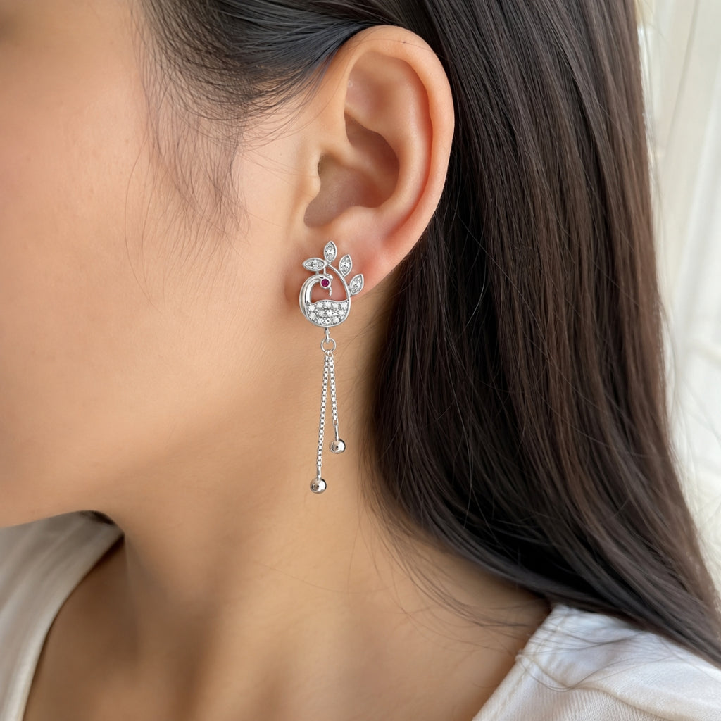 Silver Peacock Drop Earrings