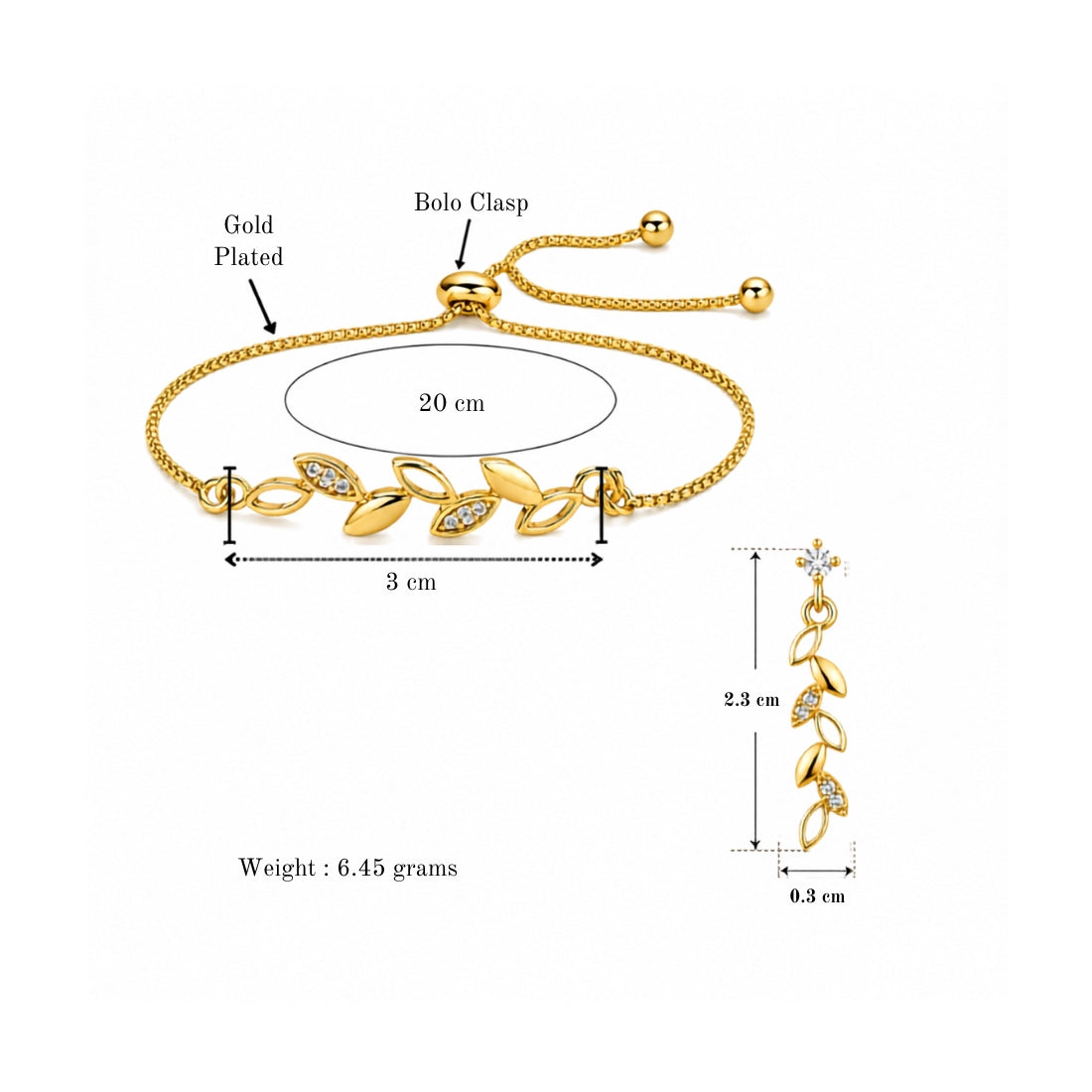 Gold Leaf Bracelet With Drop Earrings For Women