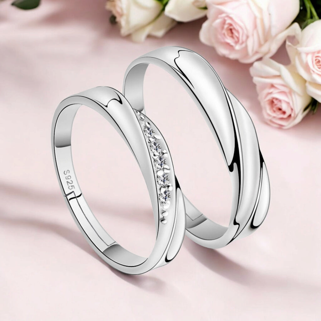 925 Sterling Silver Plated Cubic Zirconia Designer Couple Rings, Adjustable Couple Band, Promise Rings for Lovers, Gift for Men and Women, Valentine's Day Gift