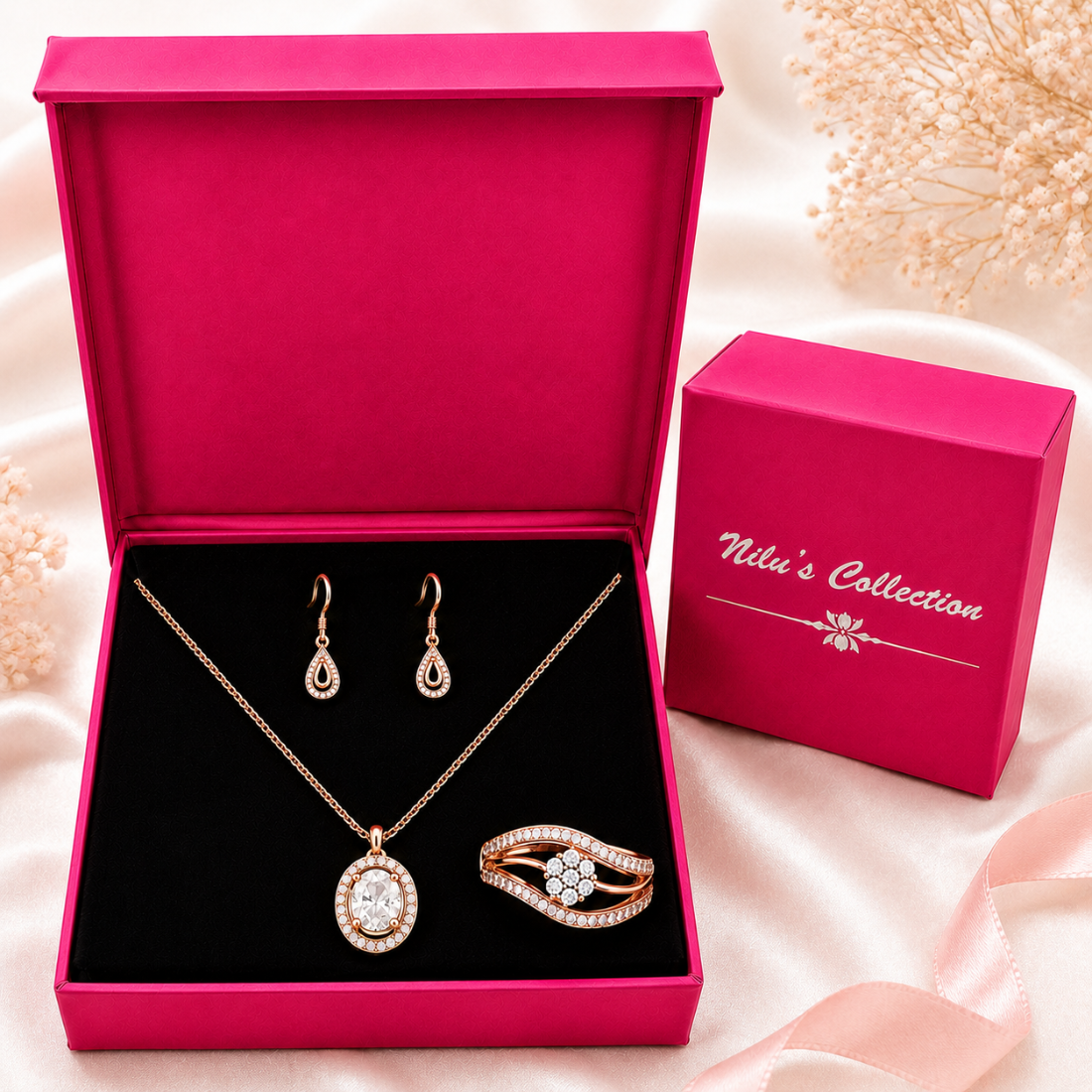 Rose Gold Pendant, Ring & Earrings Gift Set for Women