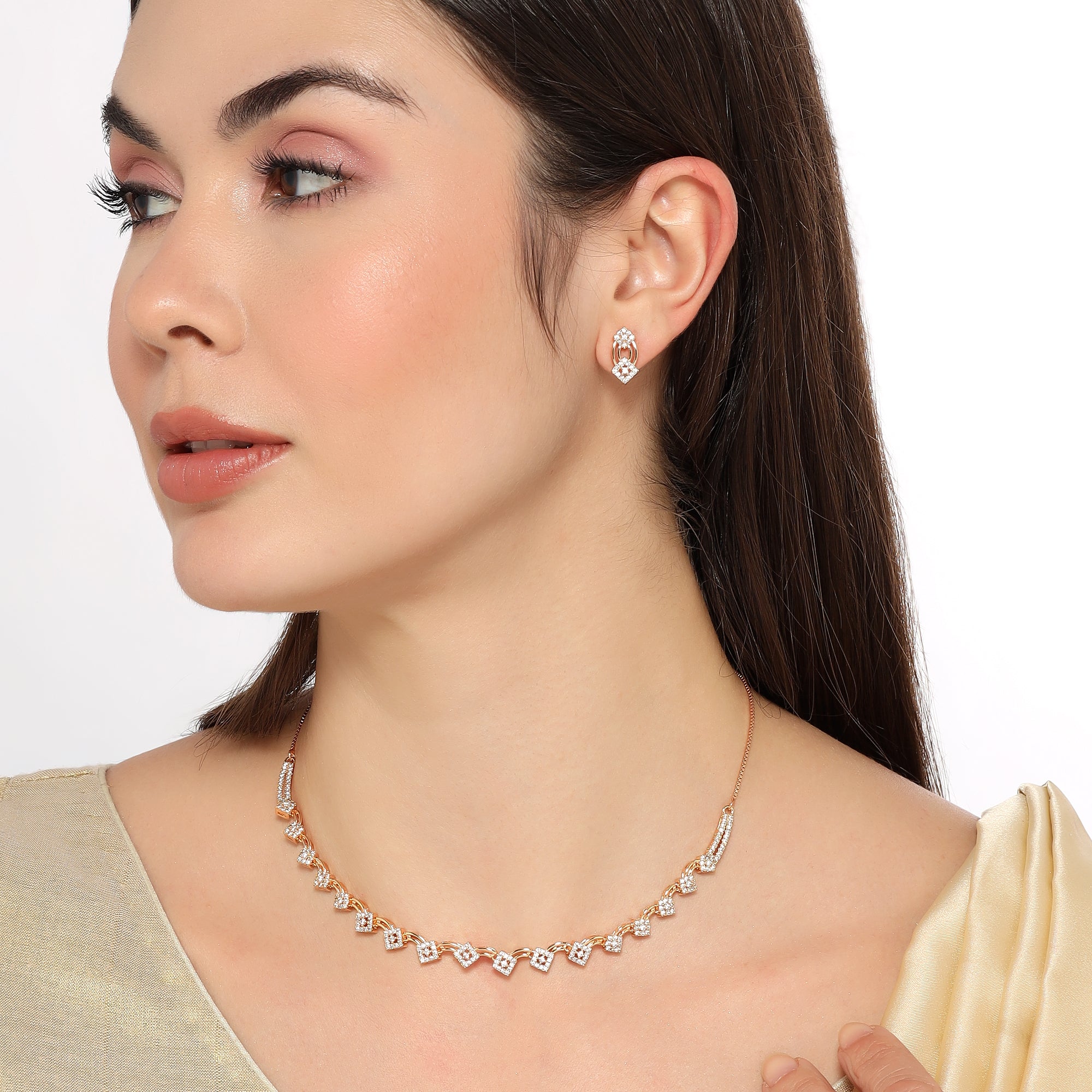 Rose Gold Square Floral Design Necklace Set