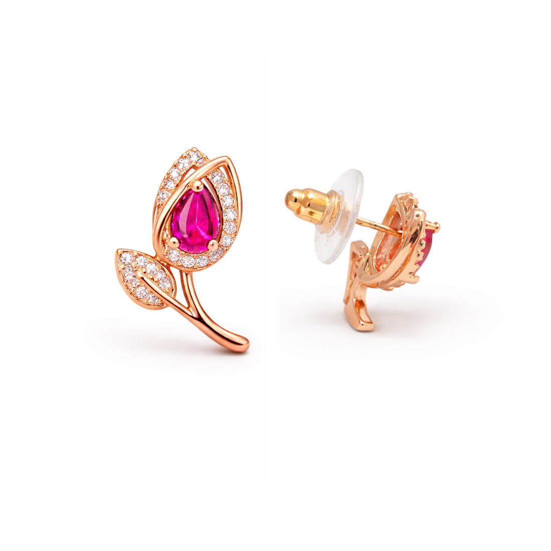Rose Gold Floral Stud Earrings With Pink Stone