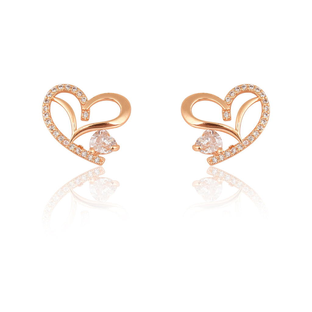 American Diamond Rose Gold Plated Love Shaped Pendant Necklace Set with Chain & Stud Earring for Girls and Women