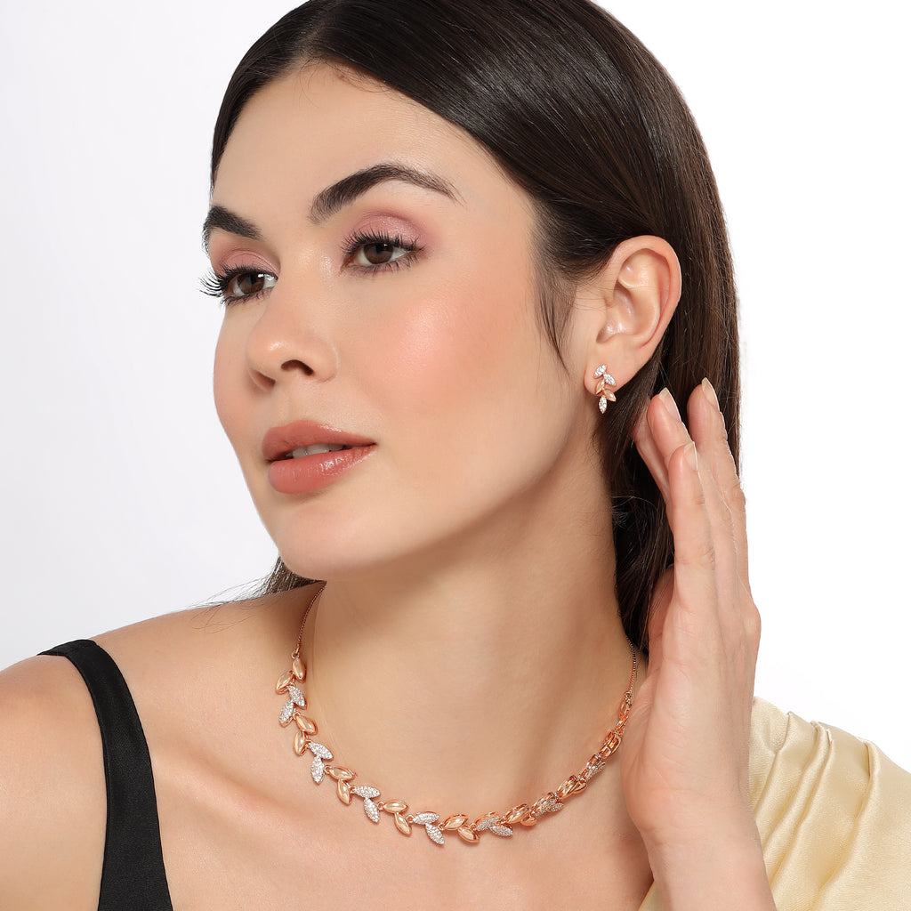 Rose Gold Plated Leaf Design Necklace Set