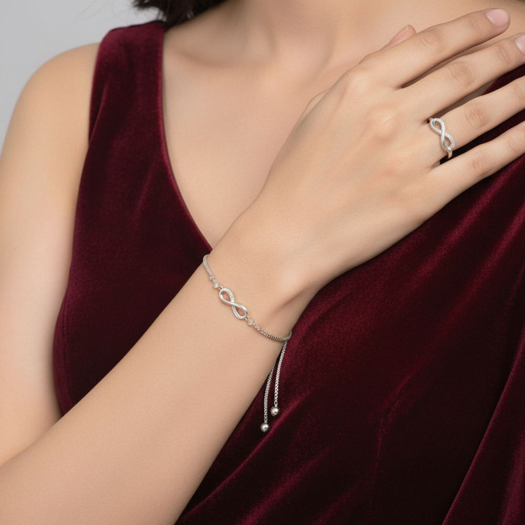 Silver Plated Bracelet With Ring For Women And Girls