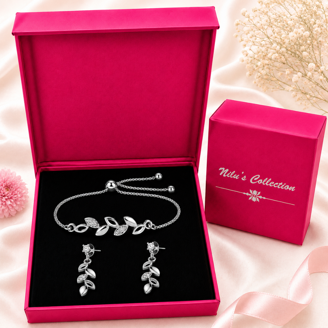 Silver Leaf Bracelet With Drop Earrings for Women