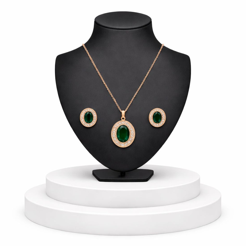 Nilu's Collection Rose Gold Plated Green Oval Necklace With Stud Earrings for Women And Girls | Anti-Tarnish | Anti-Allergy| Office Wear