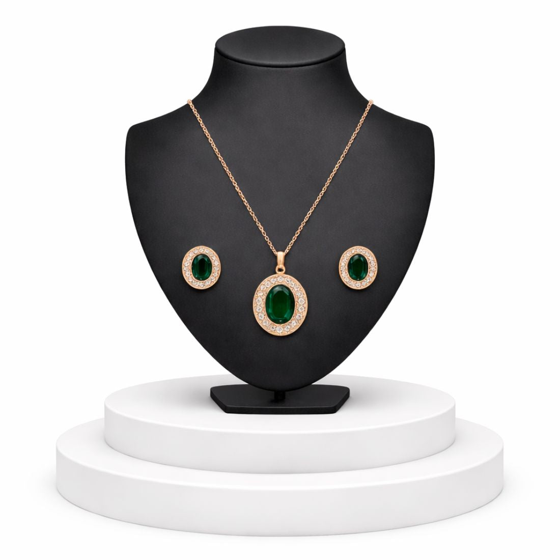 Nilu's Collection Rose Gold Plated Green Oval Necklace With Stud Earrings for Women And Girls | Anti-Tarnish | Anti-Allergy| Office Wear