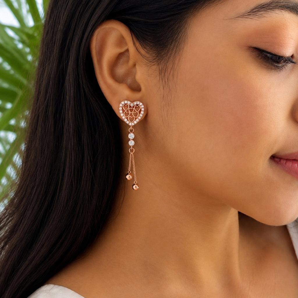 Rose Gold Plated Heart Design Dangling Earrings For Women And Girls