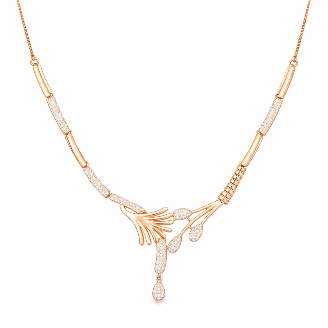 Nilu's Collection Rose Gold Plated American Diamond Floral Leaf Necklace Set with Matching Drop Earrings For Women And Girls