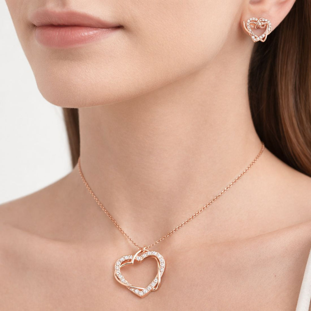 Rose Gold Plated Heart Shape Pendant With Matching Earring