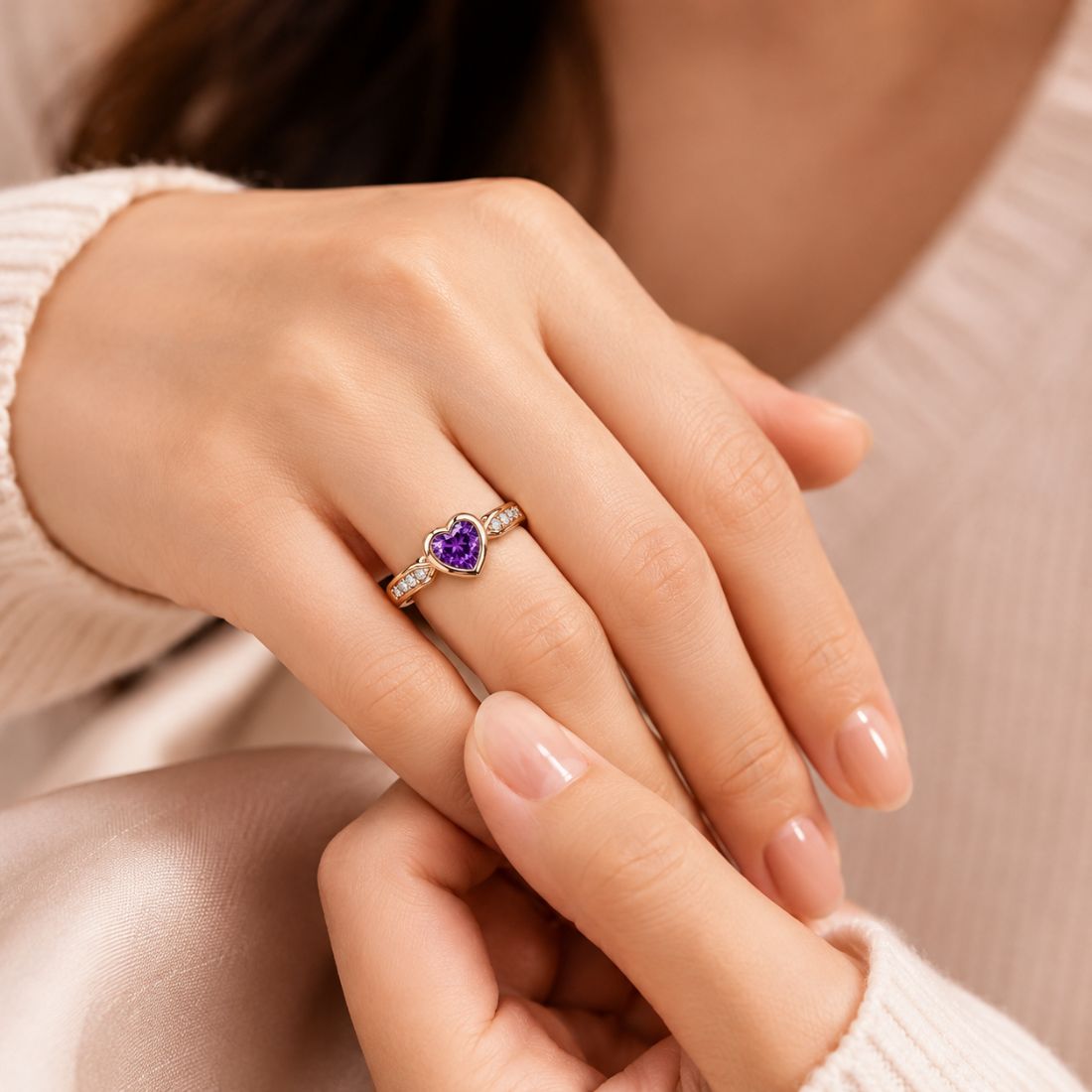 Rose Gold Heart Purple Stone Finger Ring