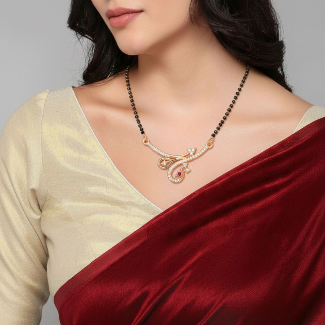 Nilu's Collection Rose Gold Plated Peacock Mangalsutra With Black Bead Chain for Women