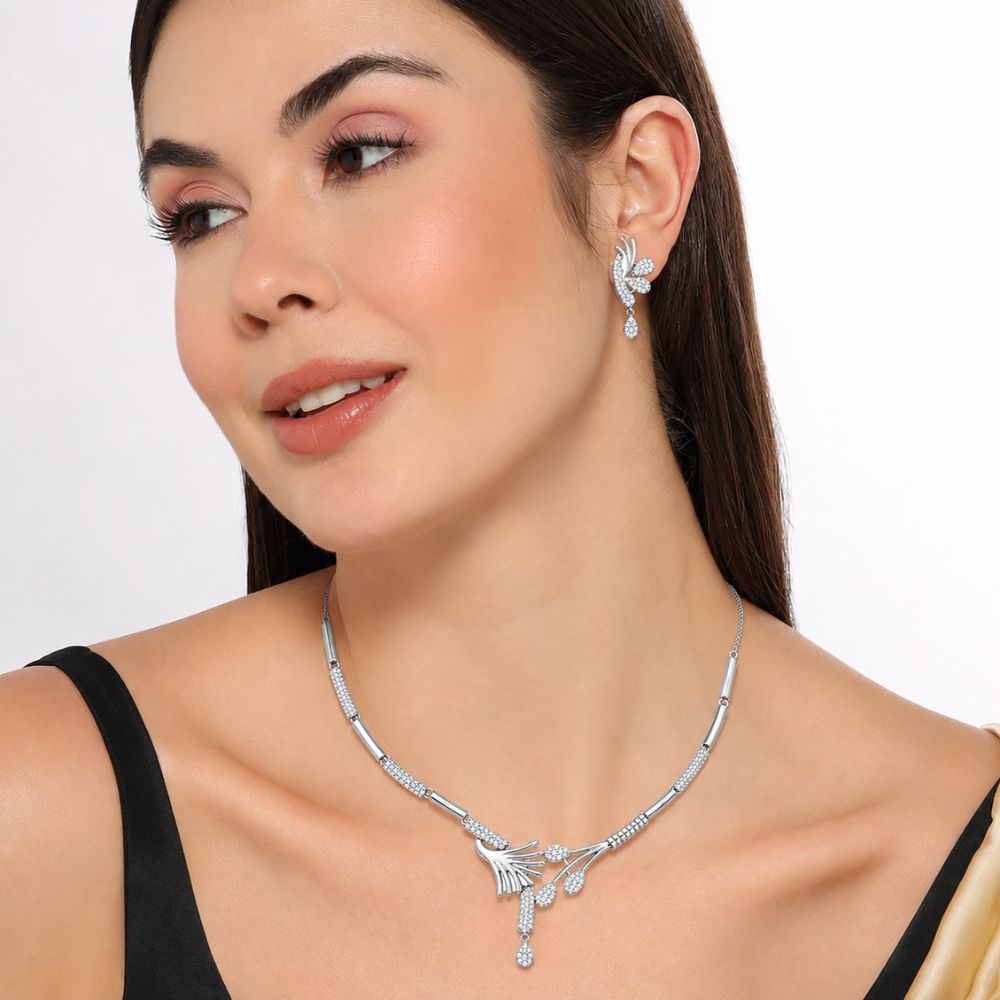 Silver Plated Floral Necklace With Earrings For Women