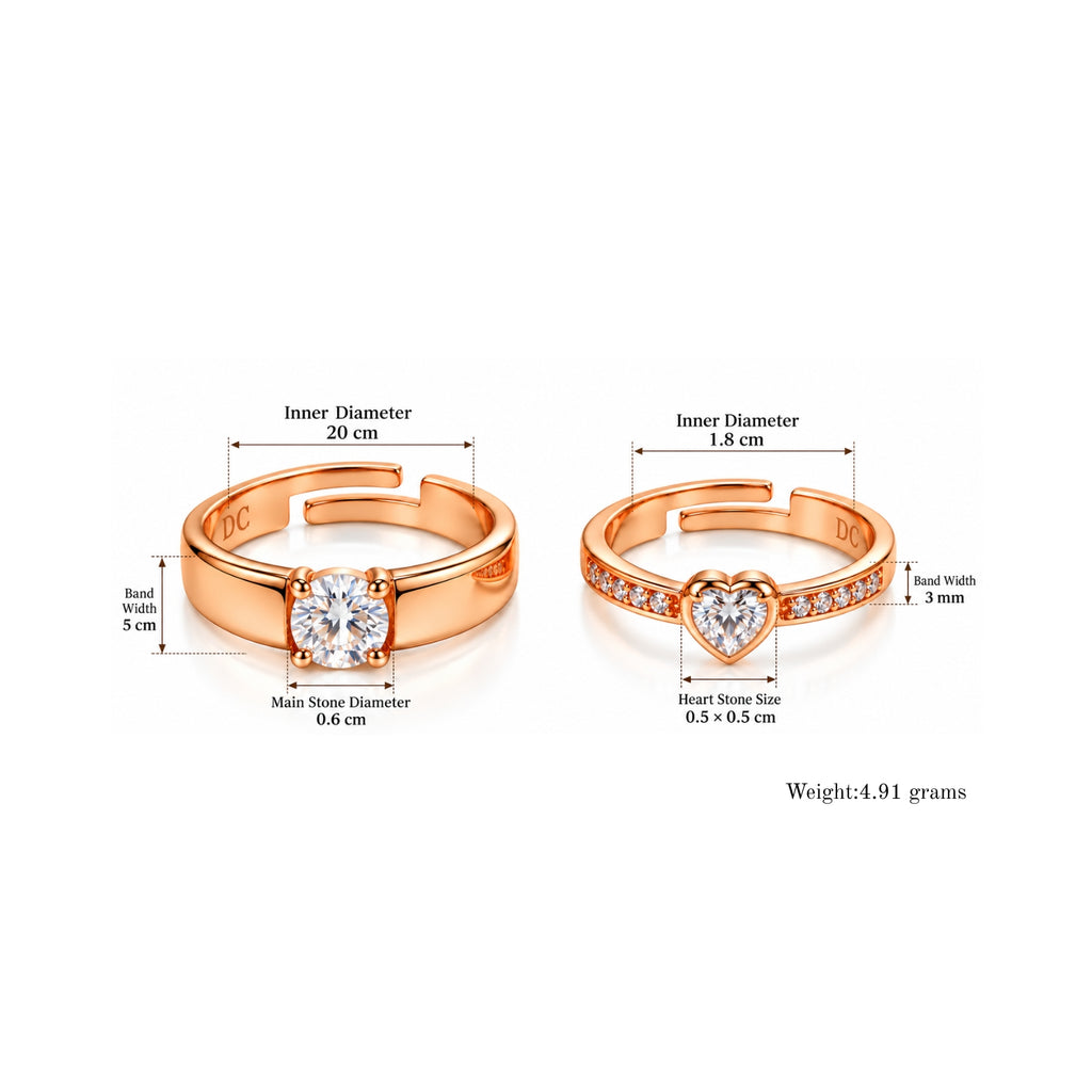 Rose Gold Couple Rings Set for Men & Women | Matching Heart & Solitaire