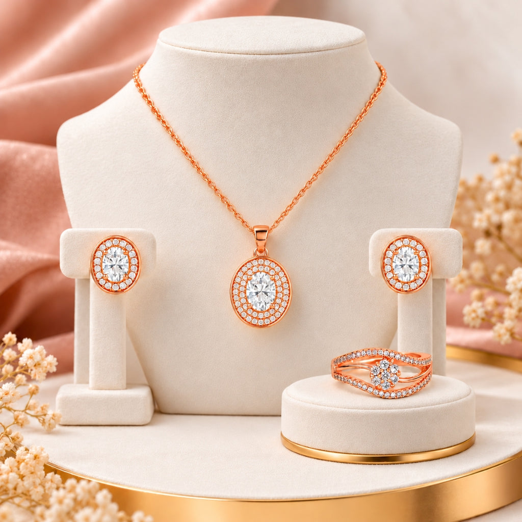 Rose Gold Plated Necklace, Earrings & Ring for Women