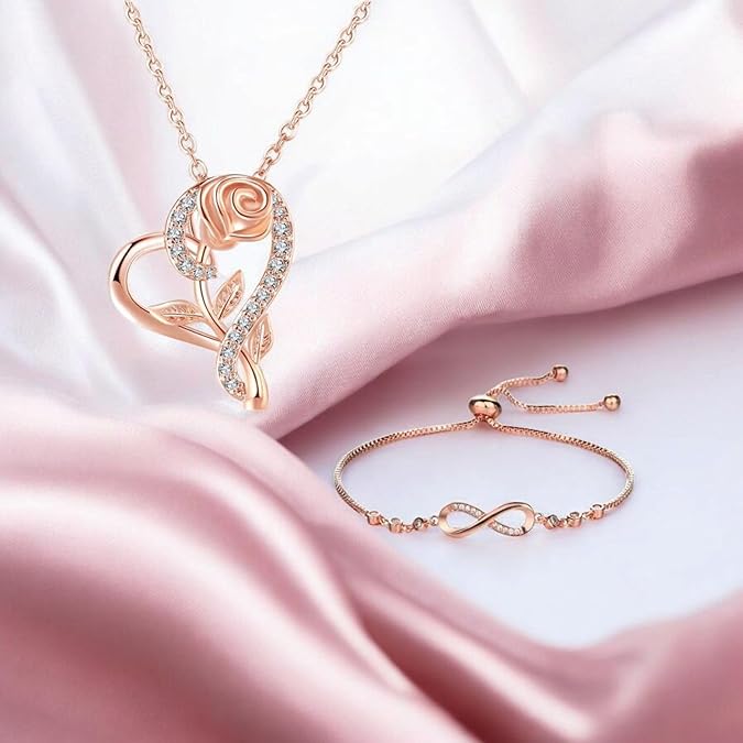 Stylish Rose Gold Plated CZ Chain Pendent with Infinity Bracelet for Girls and Women| Heart Shaped Pendant with Rose engraved| Gift