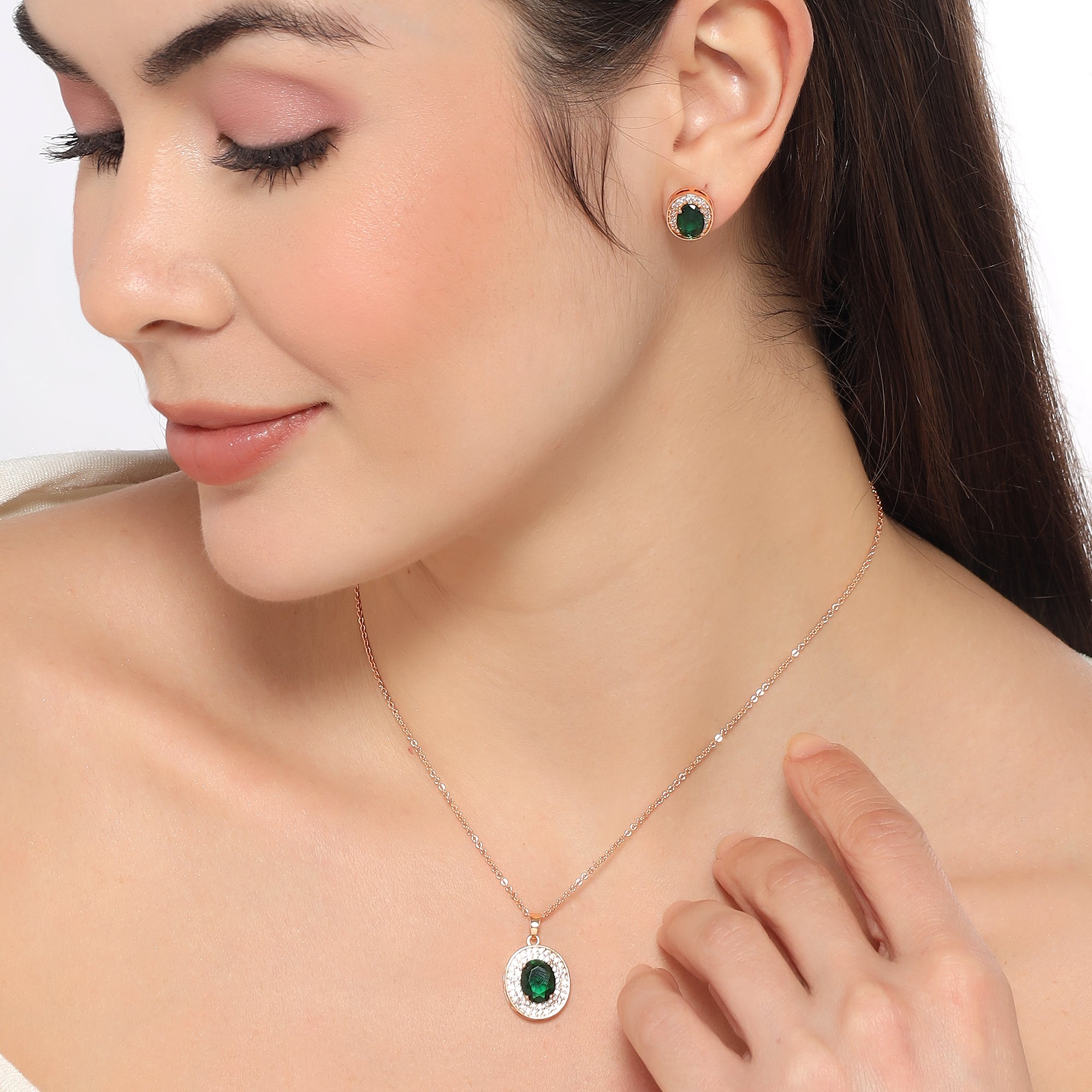 Rose Gold Green Oval Necklace Set for Women And Girls