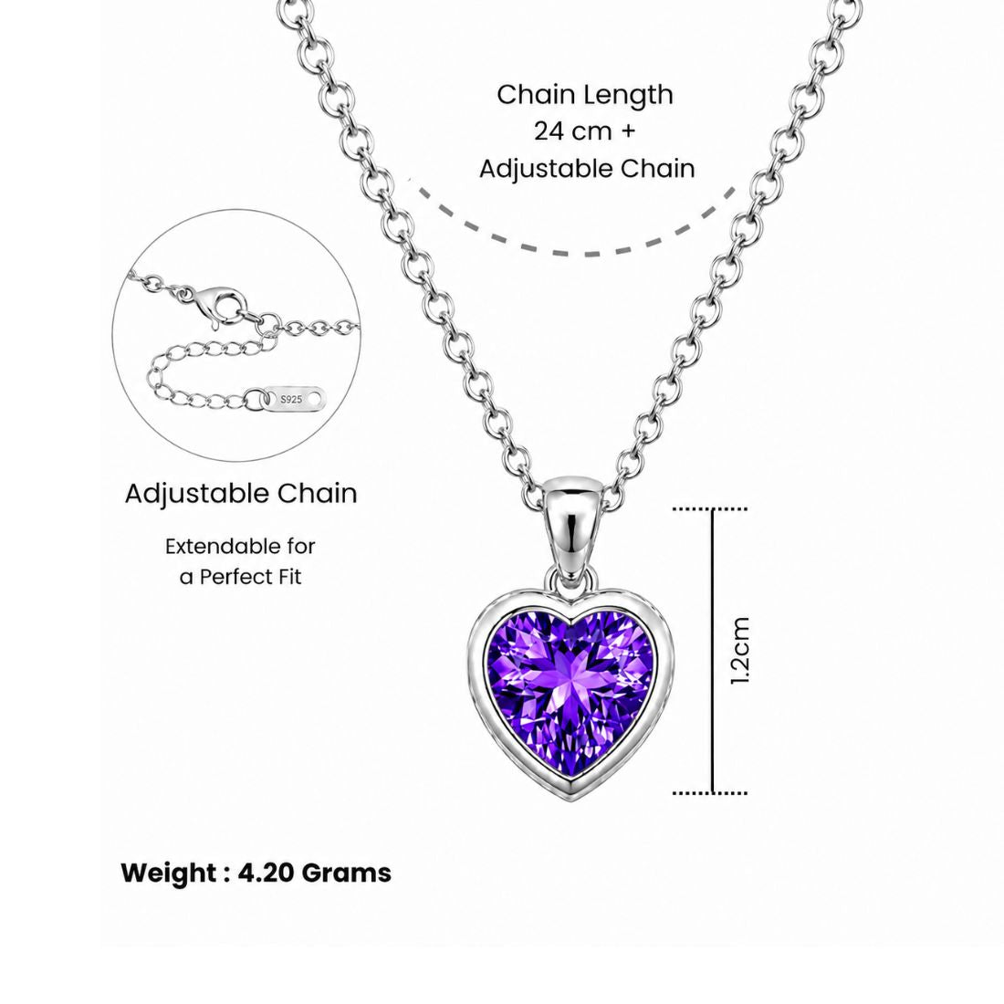 Silver Hert Purple Stone Pendant