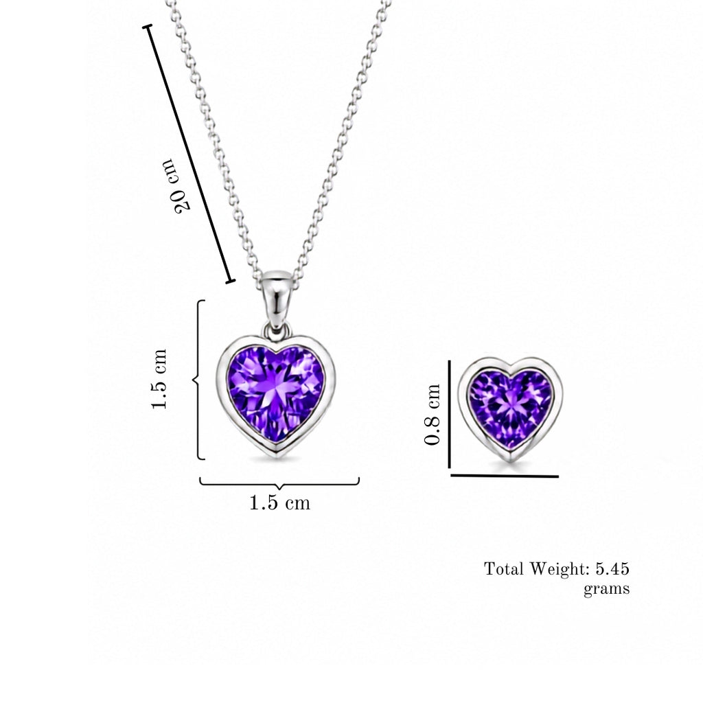 Silver Purple Heart Pendant With Earrings for Women