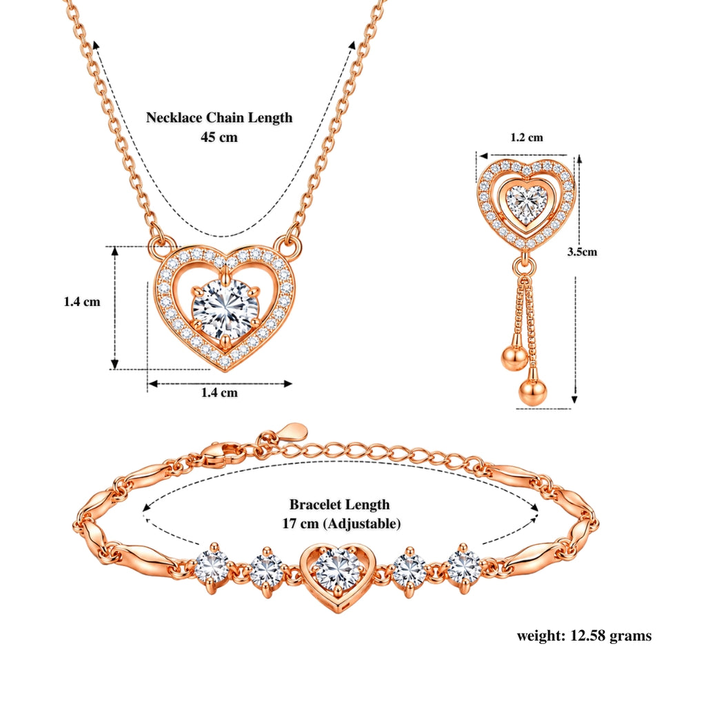 Heart Shaped Necklace, Earrings and Bracelet Jewellery Set for Women
