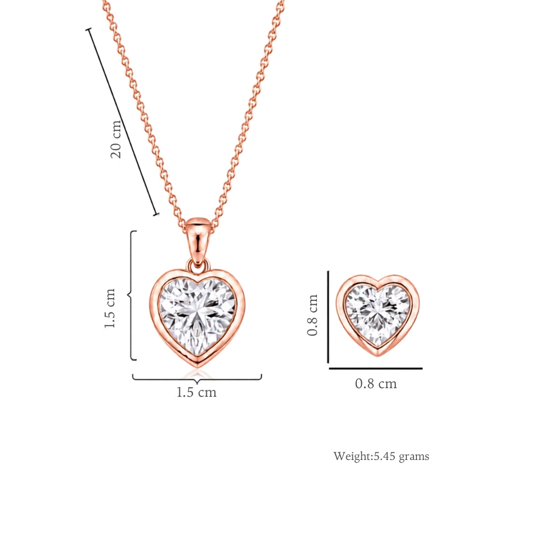 Rose Gold Heart Pendant With Earrings For Women