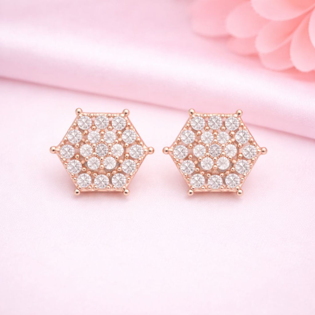 Nilu's Collection Rose Gold Plated American Diamond Hexagon Stud Earrings For Women And Girls