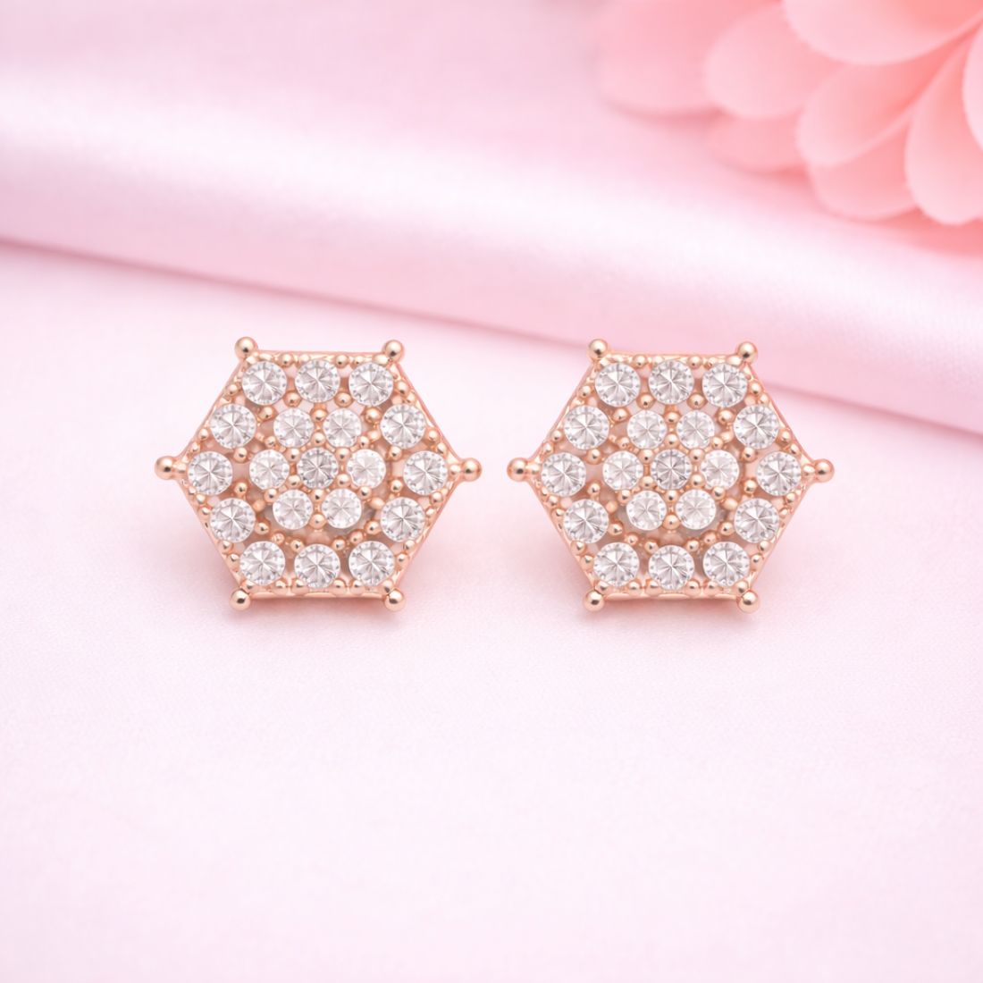 Nilu's Collection Rose Gold Plated American Diamond Hexagon Stud Earrings For Women And Girls