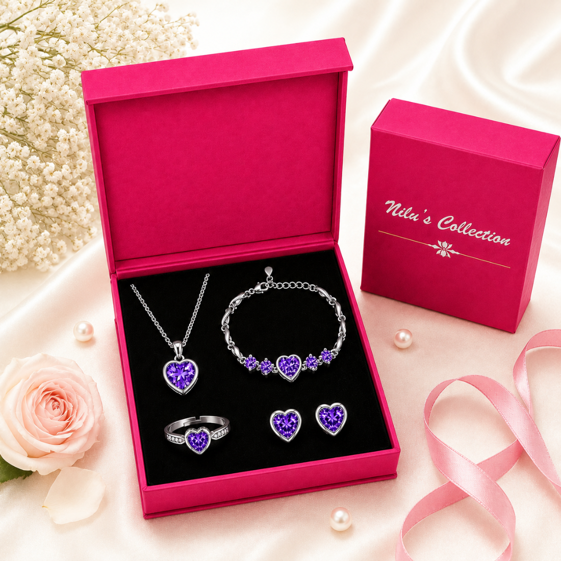 Rose Gold Purple Heart Jewelry Set