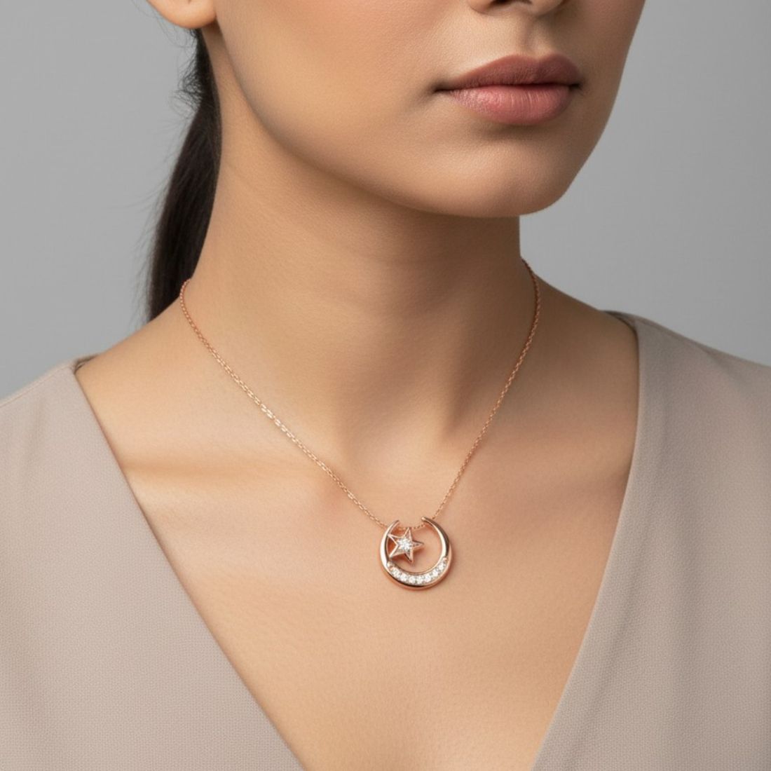 Rose Gold Moon &Star Pendant for Women