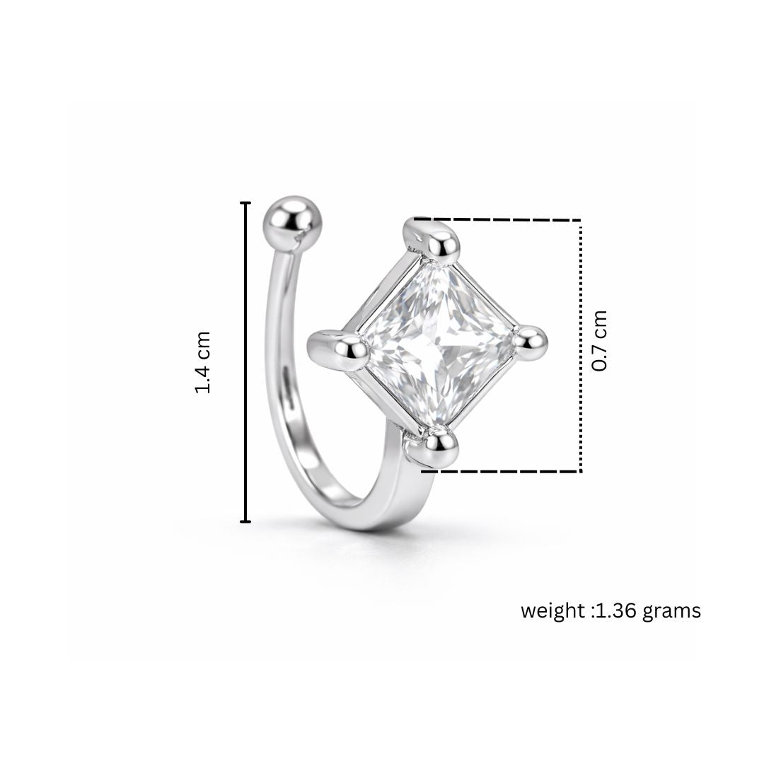 Silver Plated Square Cut American Diamond Non-Piercing Nose Pin