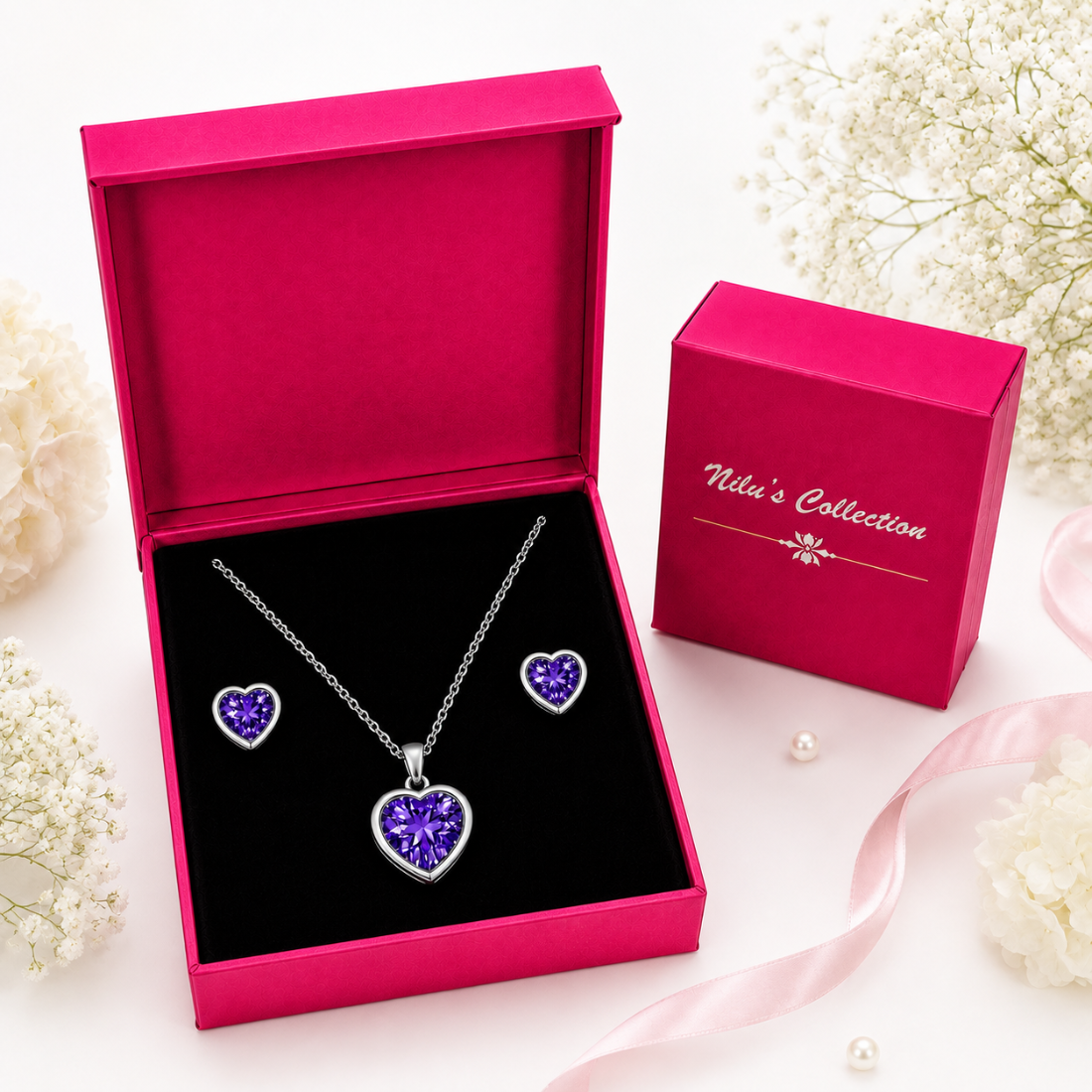Silver Purple Heart Pendant With Earrings for Women